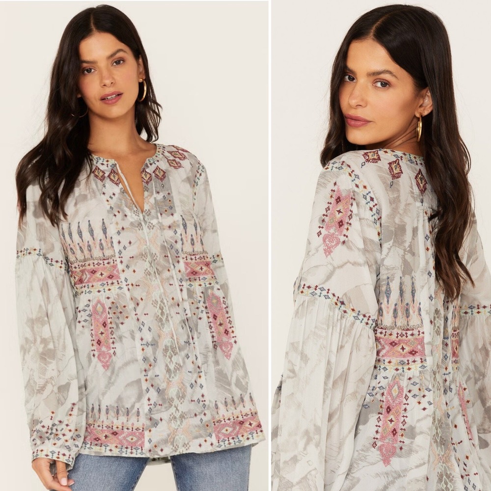 Johnny Was Biya Deliza Embroidered Silk Blouse Long Sleeve Boho‎ Womens Medium